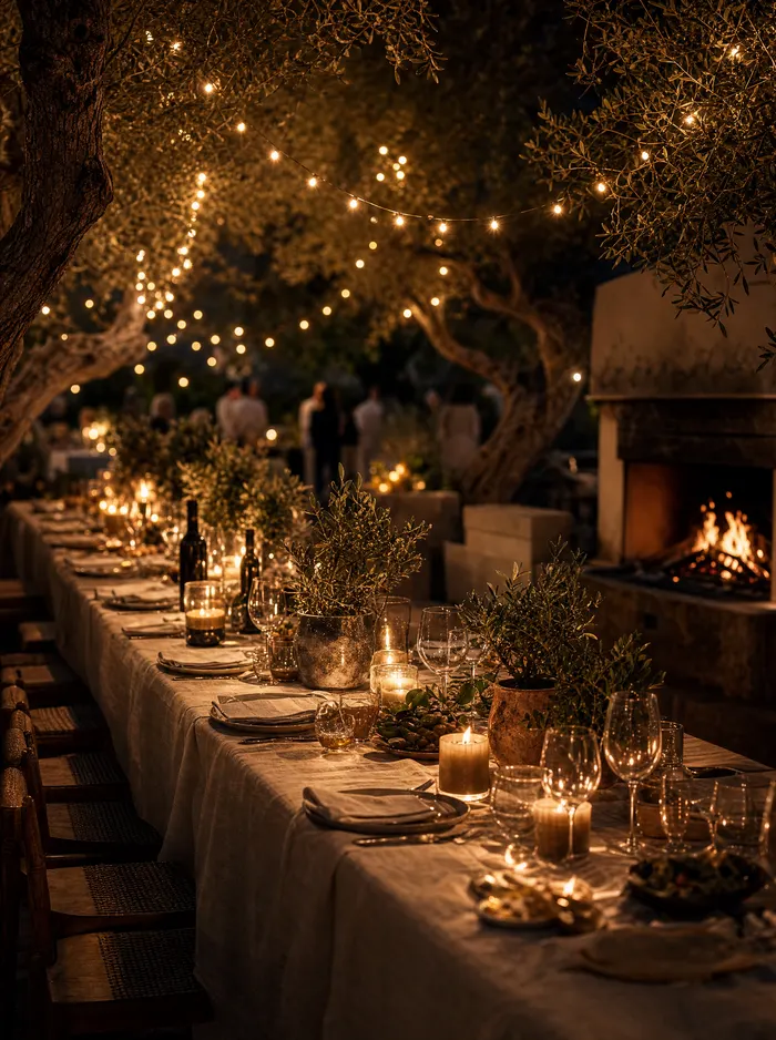 Festliche Tafel unter Olivenbäumen mit Lichterketten und offenem Feuer.