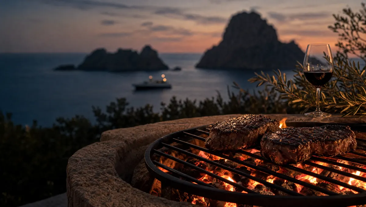 Glühender Grill mit zwei Steaks auf einer Steinterrasse, dahinter das Meer bei Es Vedrà in der Abenddämmerung.