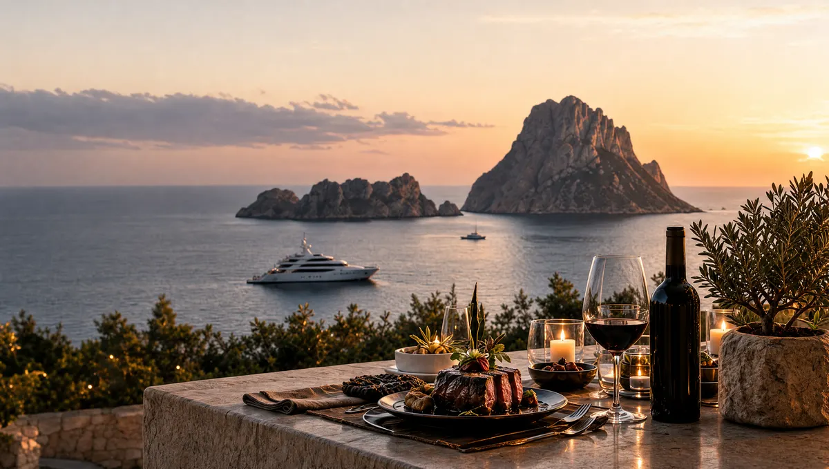 Terrasse über dem Meer bei Sonnenuntergang, gedeckter Tisch mit Steak und Rotwein, im Hintergrund der Felsen Es Vedrà und eine Yacht.