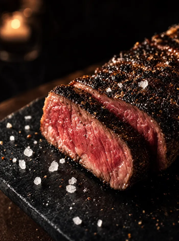 Aufgeschnittenes Ribeye, rosa im Kern, mit Salzflocken auf dunklem Schiefer.