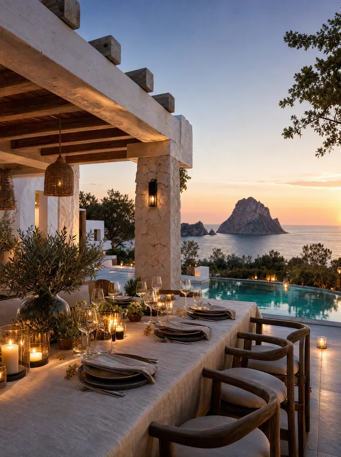 Lange Tafel unter der Pergola einer weißen Villa, Pool und Es Vedrà in der Dämmerung.