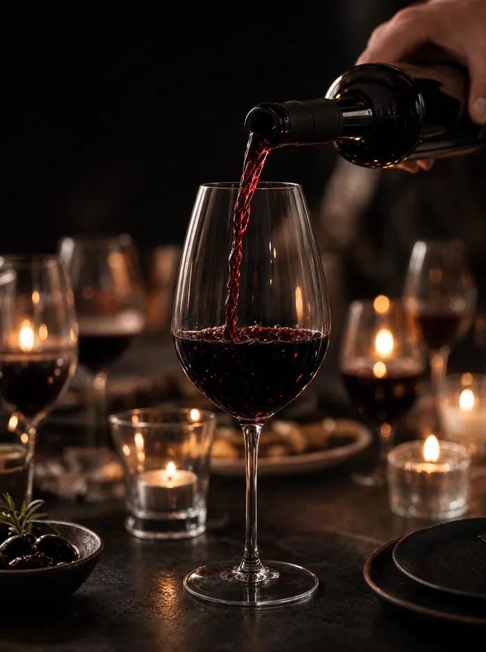 Rotwein wird bei Kerzenlicht in ein großes Glas eingeschenkt.