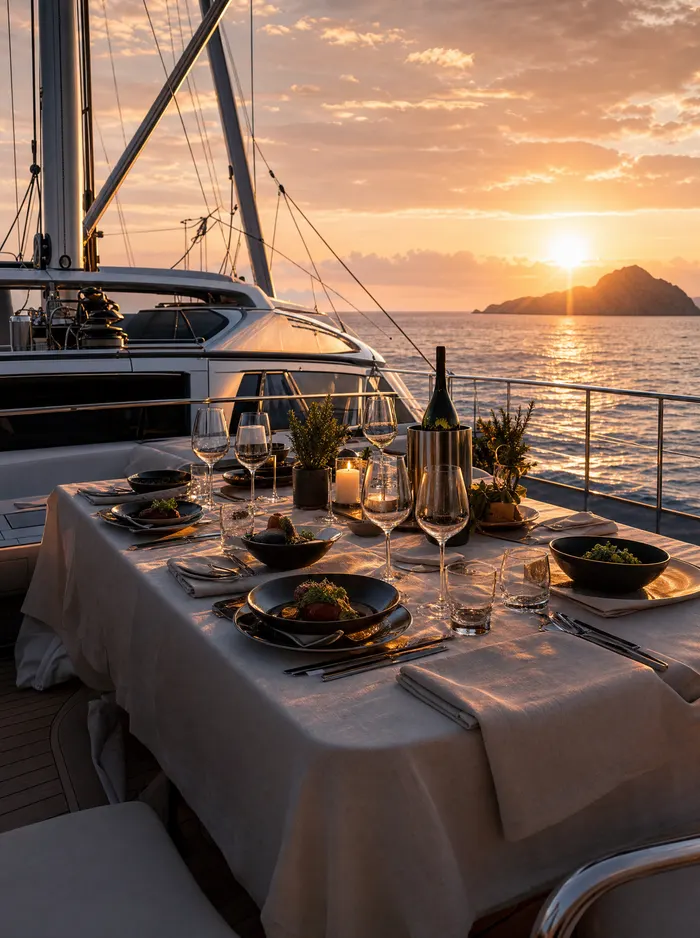 Gedeckter Tisch auf dem Deck einer Segelyacht bei Sonnenuntergang.