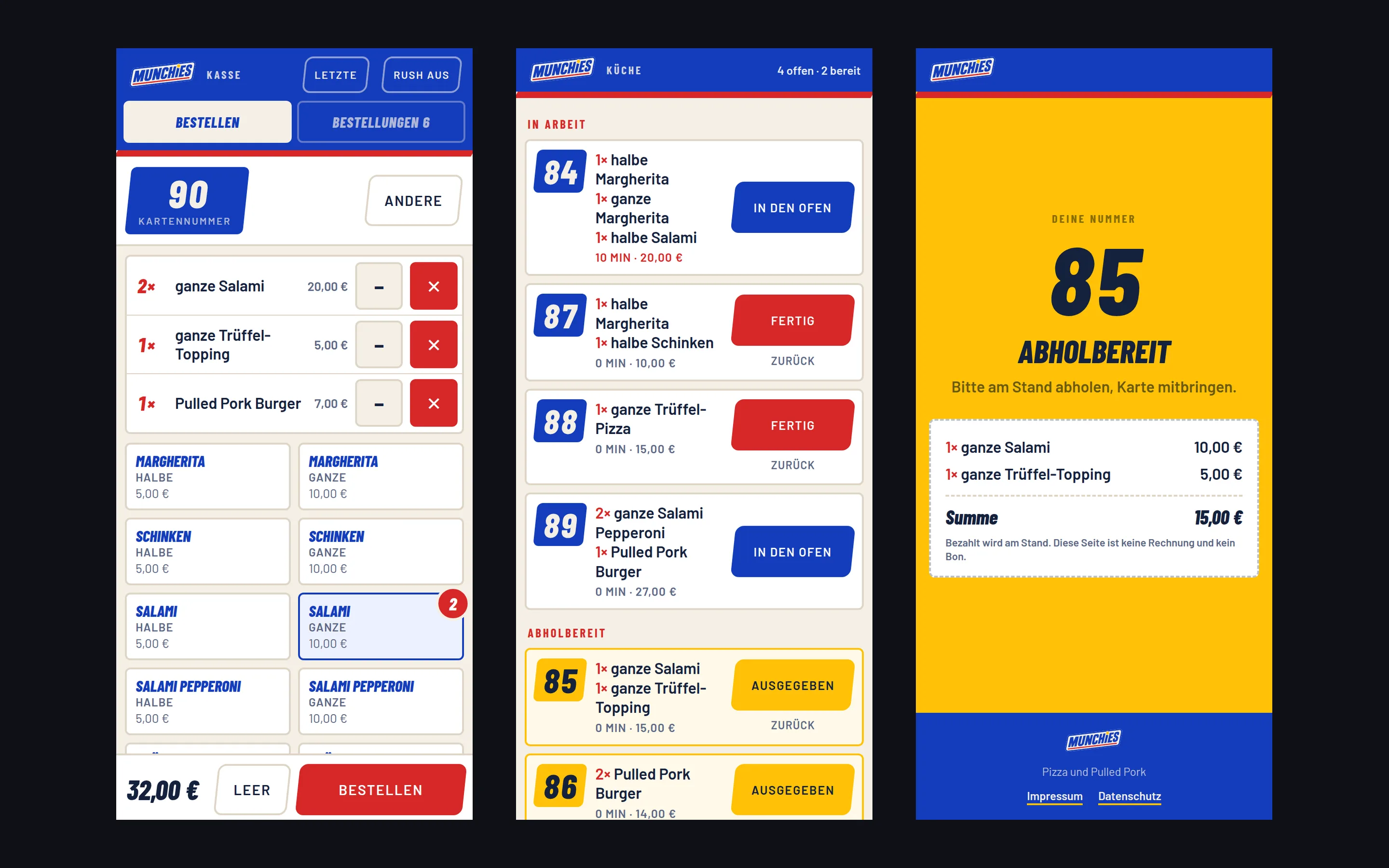 Drei Handy-Ansichten des Bestellsystems: links die Kasse mit Warenkorb, in der Mitte die Küche mit offenen Bestellungen, rechts die Gast-Ansicht mit der Nummer 85 und dem Hinweis abholbereit.