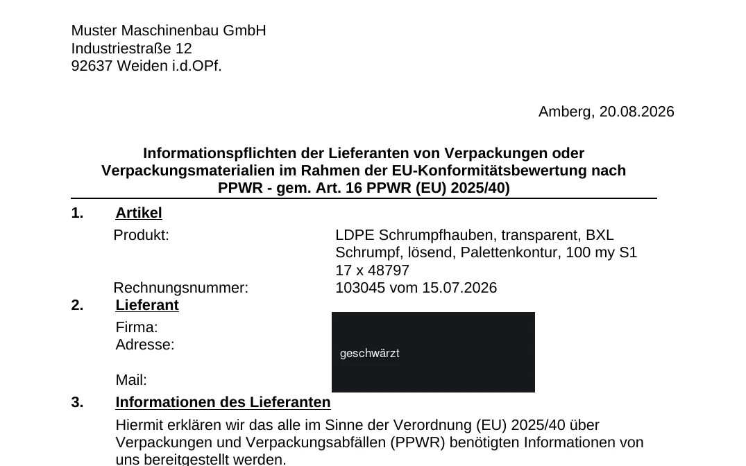 Eine fertige PPWR-Erklärung als Dokument, Artikel und Rechnungsnummer eingesetzt, die Lieferantenangaben geschwärzt.