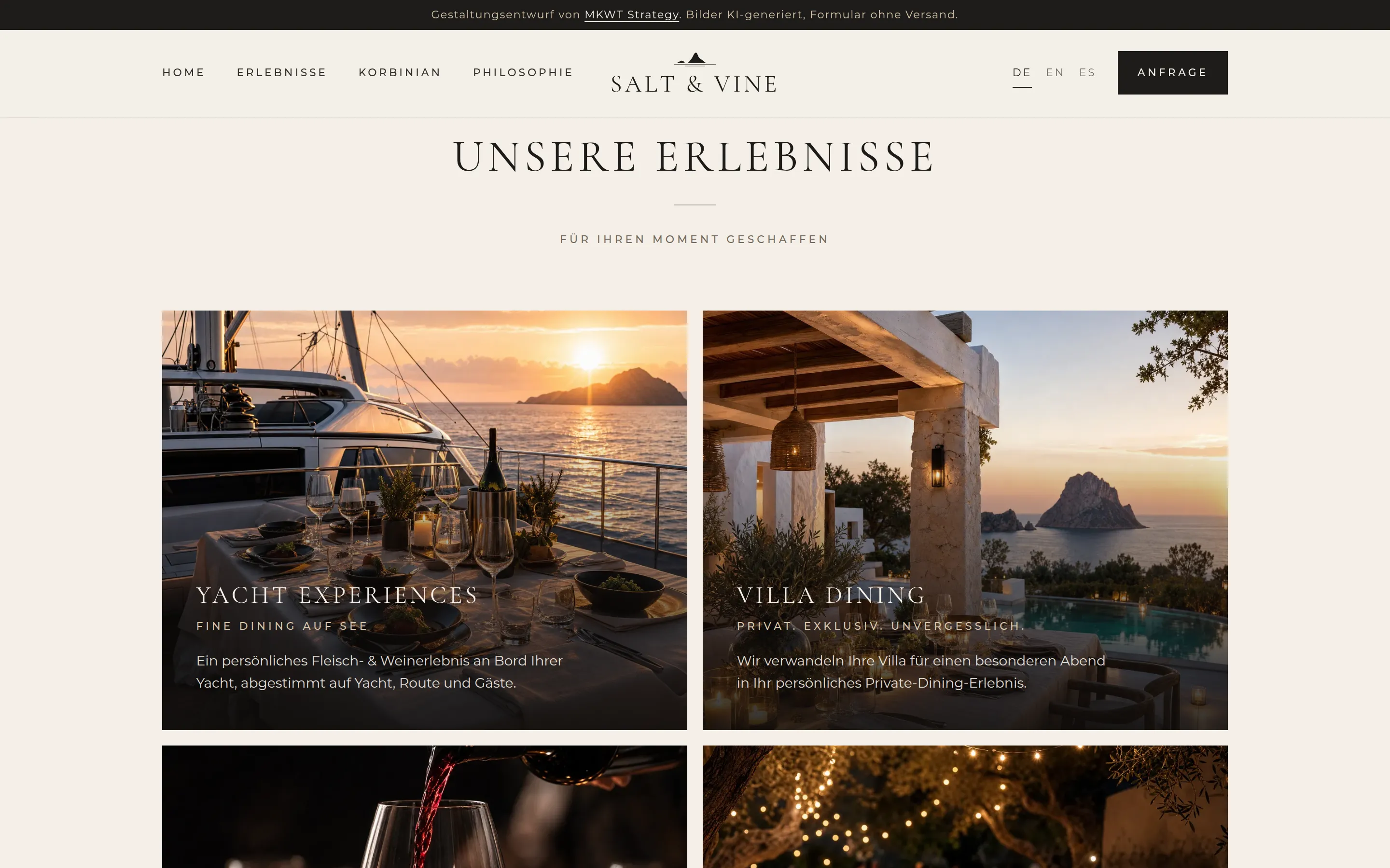 Abschnitt „Unsere Erlebnisse“: großformatige Bildkarten für Yacht Experiences und Villa Dining mit kurzen Texten.